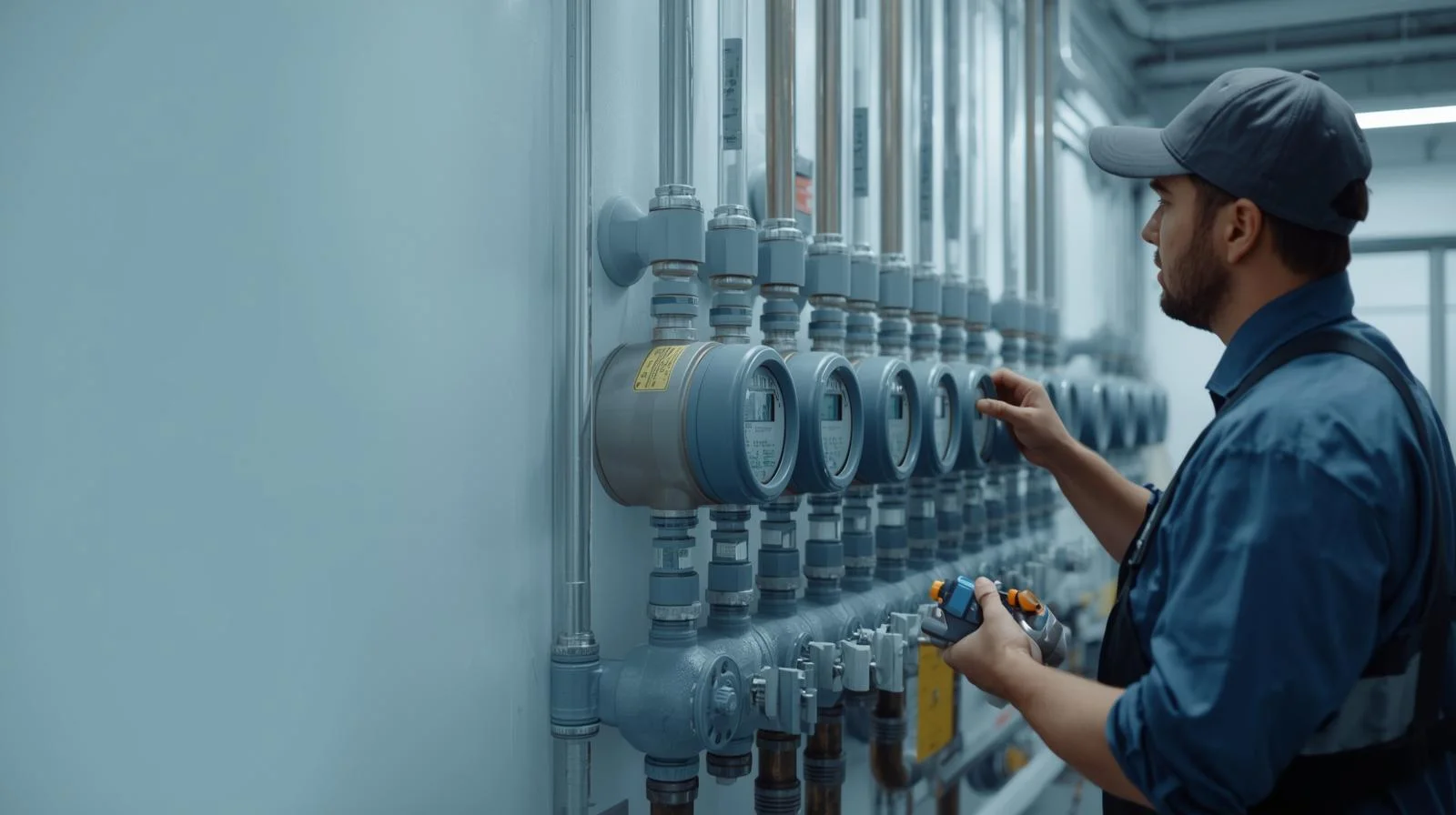 Técnico autorizado revisando batería de contadores de agua para boletín EMASESA en Sevilla
