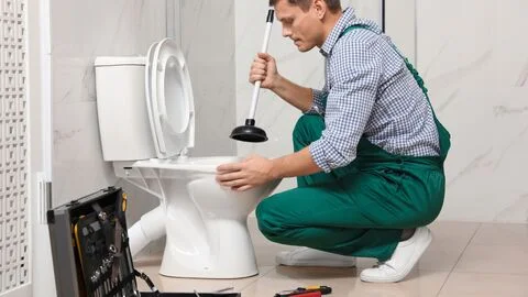 Desatascos en Sevilla: fontanero desatascando un inodoro con ventosa